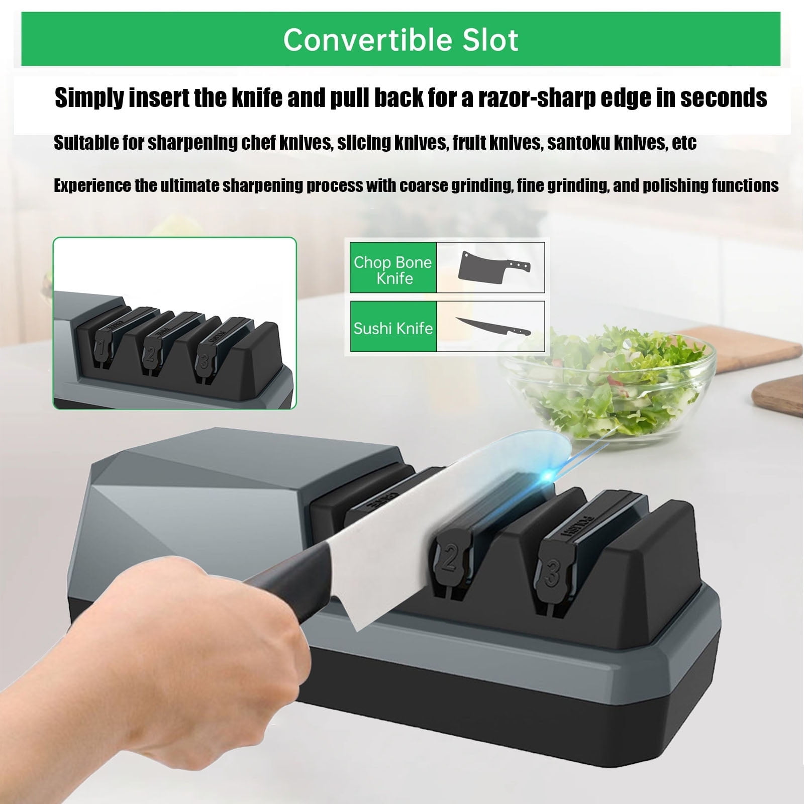DICEEVIL Electric Knife Sharpener, 3 Stage Diamond Wheels Sharpening System, Multifunctional Knife Sharpener for Straight Blade Knives, Serrated Knives, Scissors, Meat Cleaver, Chef Knives