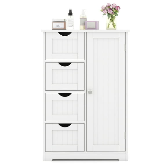 Gymax Bathroom Floor Storage Cabinet Wooden Freestanding Bathroom Storage Unit w/ 1 Door & 4 Drawers
