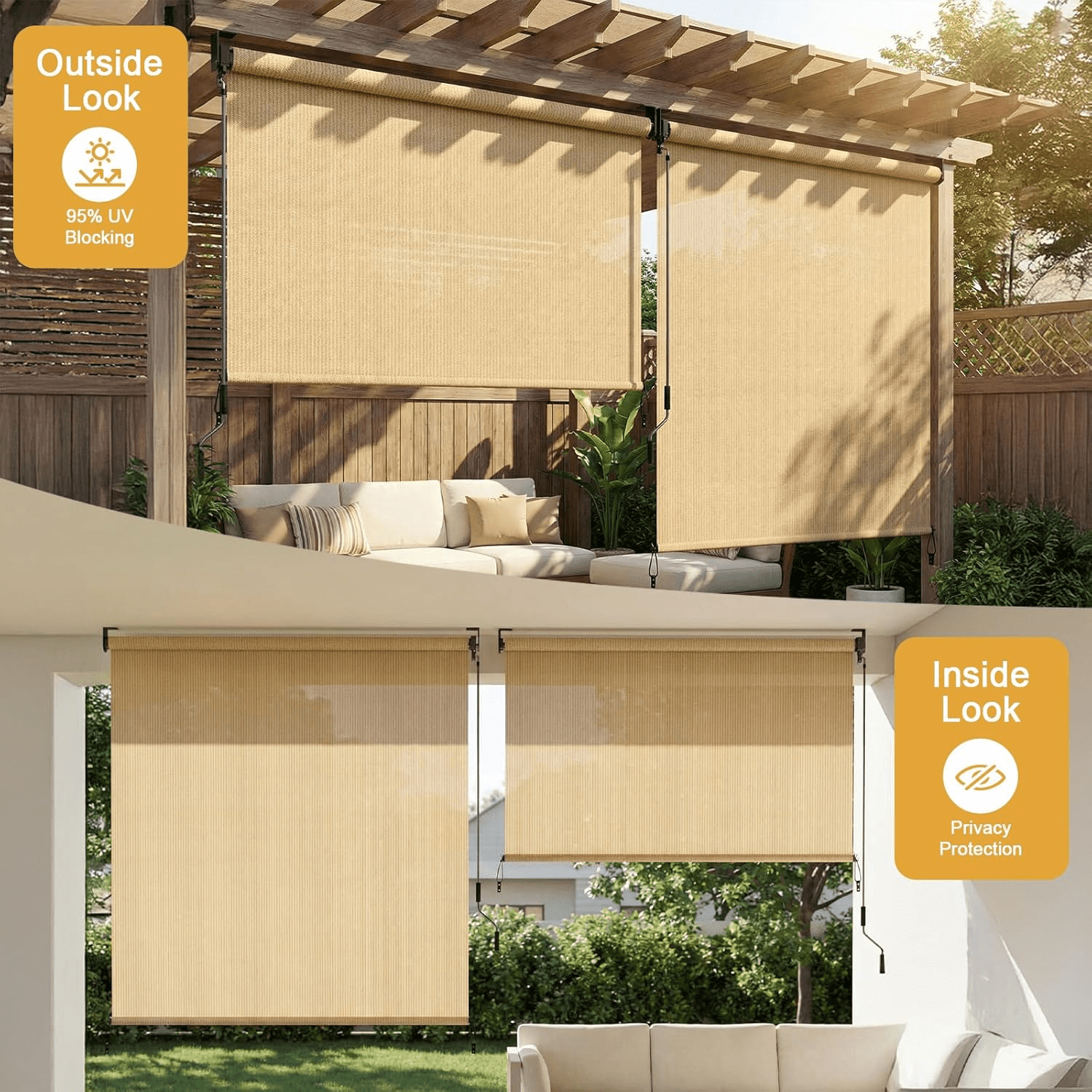 LIFERUN Outdoor Roller Sun Shade 8'W x 8'H, HDPE Shade Cloth & Aluminum Tube, Easy Install for Outdoor Pergola, Porch, and Garden (Sesame)