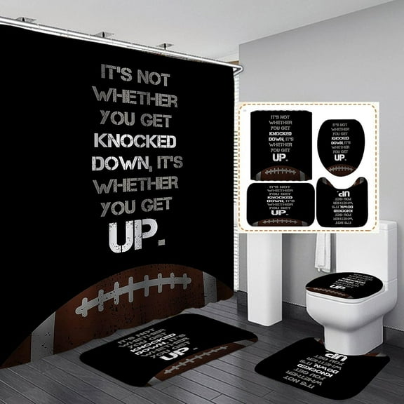 4PCS/Set American Football Shower Curtain, Sports Theme Championship Inspirational Quotes Bathroom Decor, Waterproof Fabric Black Shower Curtain, Non-Slip Bath Rugs Toilet Mats, Get Up