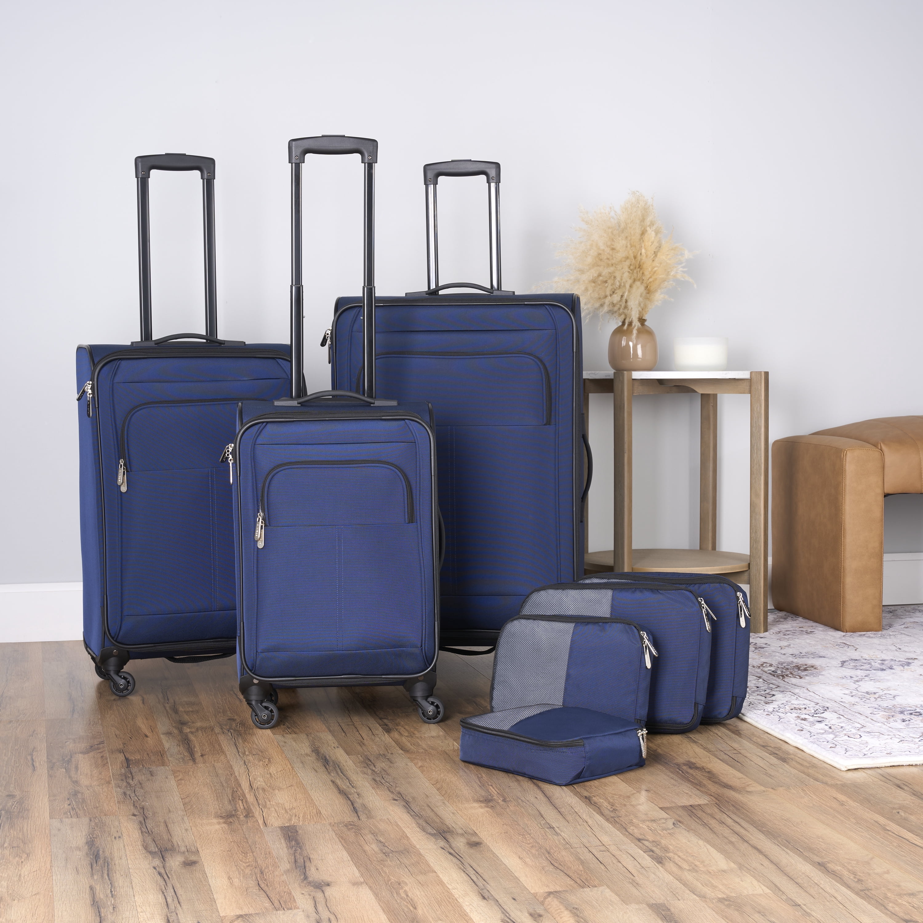 Protégé 7-Piece Softside Polyester Luggage Set With 360 Spinner Wheels and Divider Pockets, Includes 28-inch Checked, 24-inch Checked, 20-inch Carry-On, 2 Large and 2 Medium Packing Cubes, Blue Cove