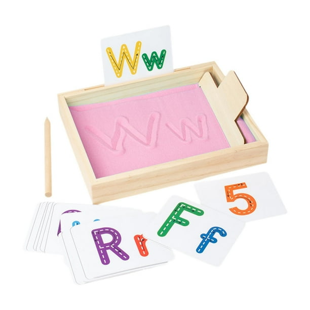 Bandeja de escritura de arena de madera profunda, herramienta de aprendizaje y bolígrafo de madera con 26 tarjetas de letras y 10 tarjetas numéricas Rosa