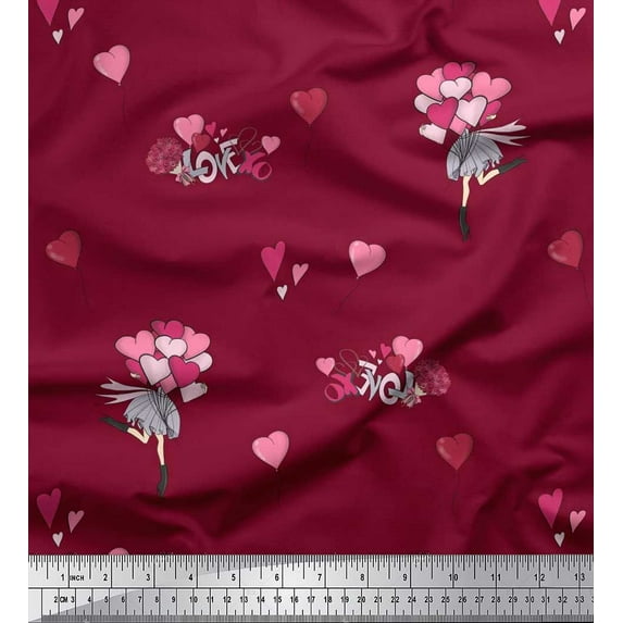 Soimoi Silk Fabric Flower Bunch,Heart & Girl Women Printed Craft Fabric by the Yard 42 Inch Wide