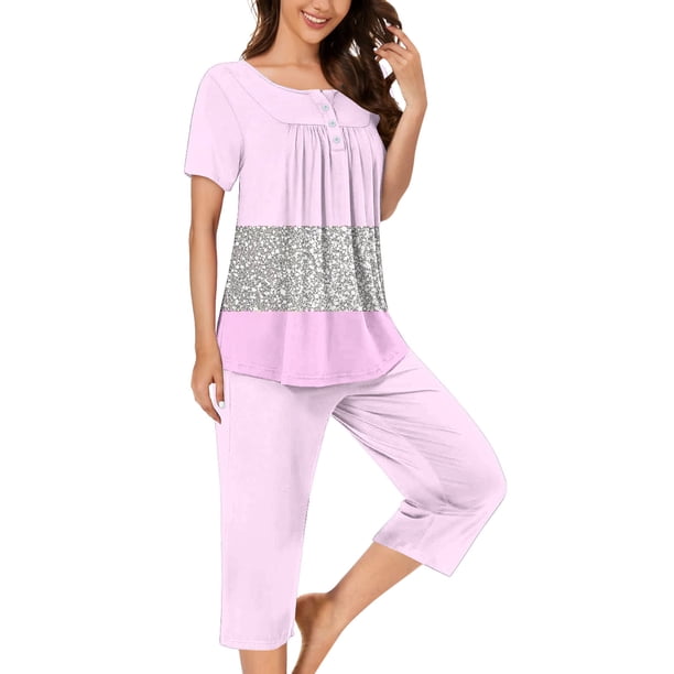 Sexy Pijama Conjunto para las Mujeres, Cuello Redondo Blusa de Manga Corta Y Pantalones, Traje de Moda Casual
