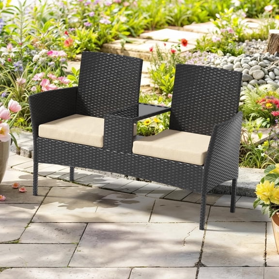 Outdoor Rattan Double Seat Loveseat with Solid Non-hollow Middle Side Table & Padded Cushions, Weather Resistant Outdoor Patio Furniture Set for Patio, Backyard, Garden, Porch(Beige-Black)