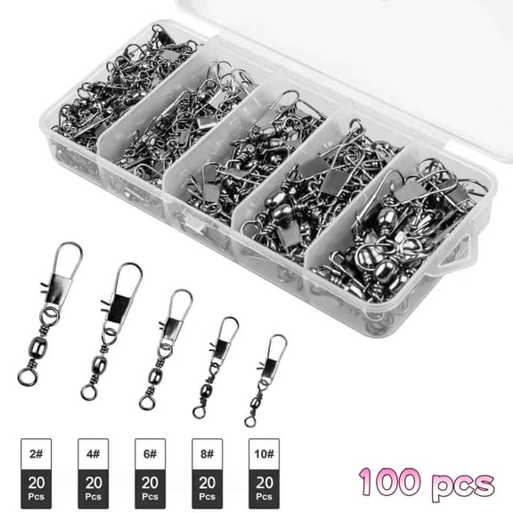 100pcs Fishing Swivels, Fishing Rolling Ball Bearing Barrel Swivel with Safety Snap Connector Fishing Accessories #2#4#6#8#10