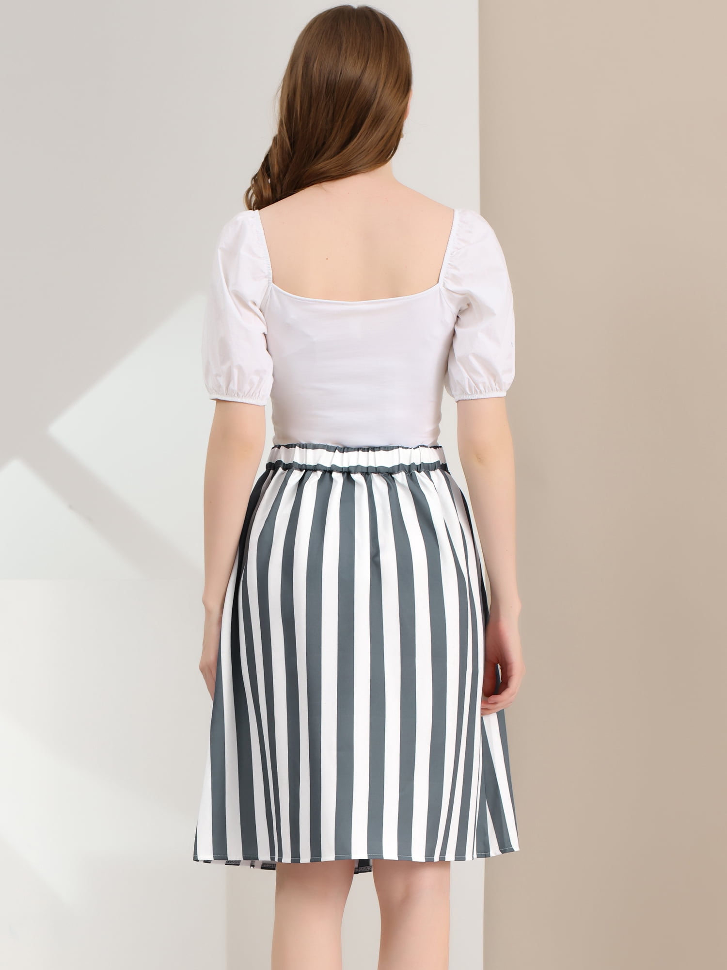 DARING DIVA Women's Striped Button Front Elastic Back Waist A-Line Skirt S Gray