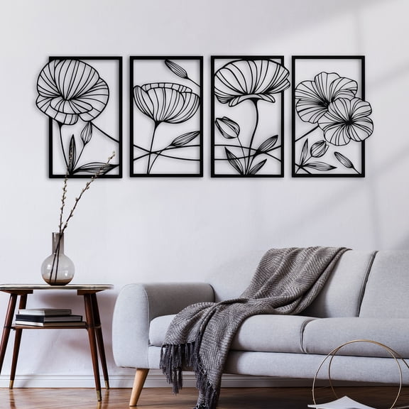 ESTART 4 Pcs Metal Lotus Wall Art, Abstract Floral Line Art Minimalist Wall Sculpture for Bedroom Living Room Kitchen Office Yoga Room Decoration (Black)