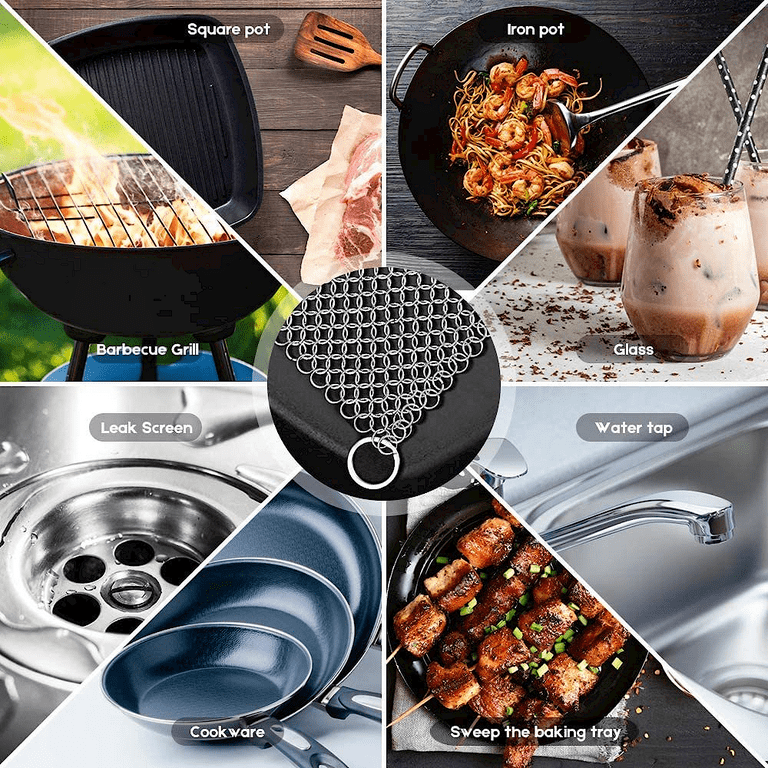 BOTEFEI Cast Iron Cleaner 6 x 6.3 Premium 316L Stainless Steel Chainmail Scrubber for Skillet, Wok, Pot, Pan; Pre-Seasoned Pan Dutch Ovens Waffle