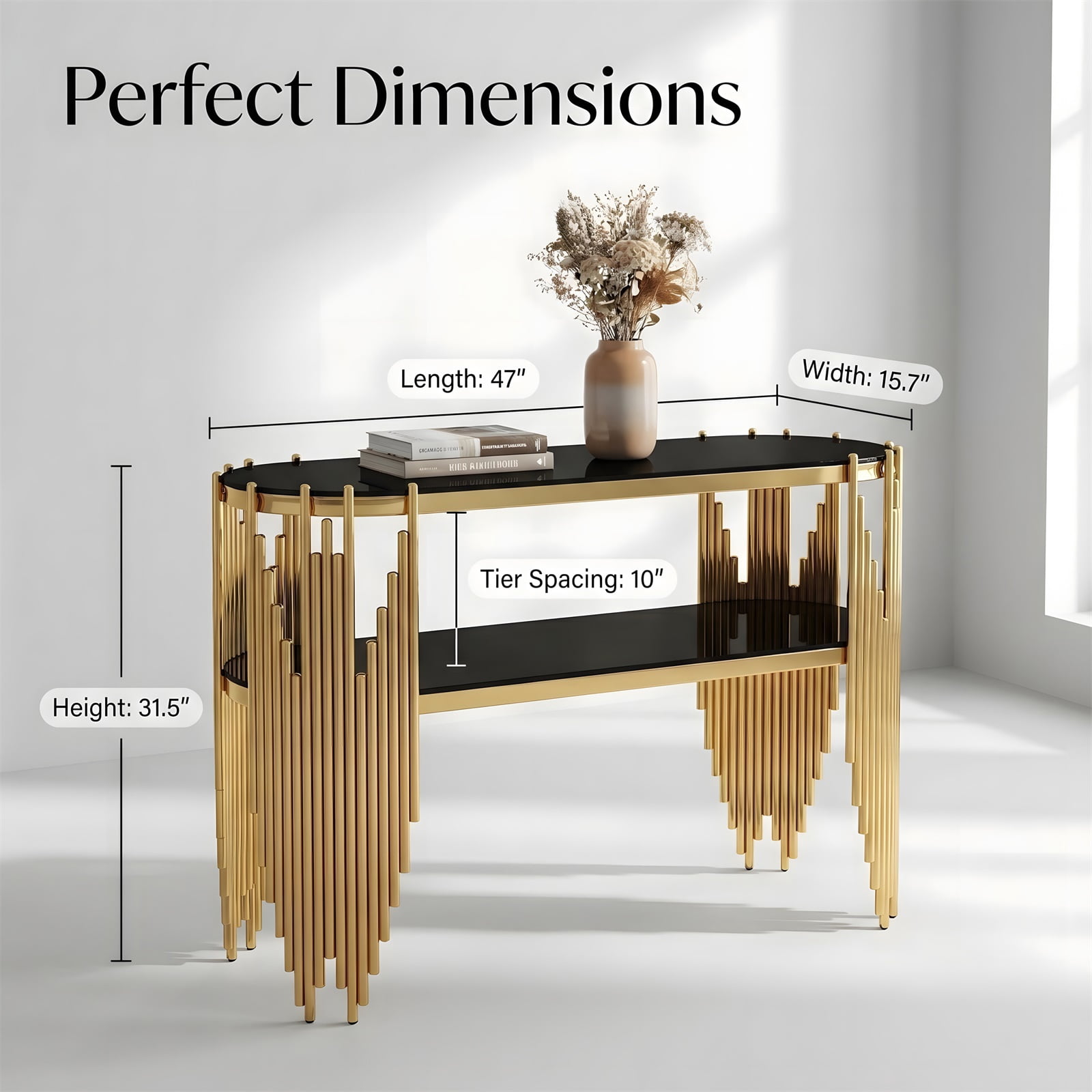 Hommoo Modern Oval Console Table, 2-Tier Tempered Glass Entryway Table with Polished Stainless Steel Frame, Art Deco Hallway or Living Room Accent, Black & Gold