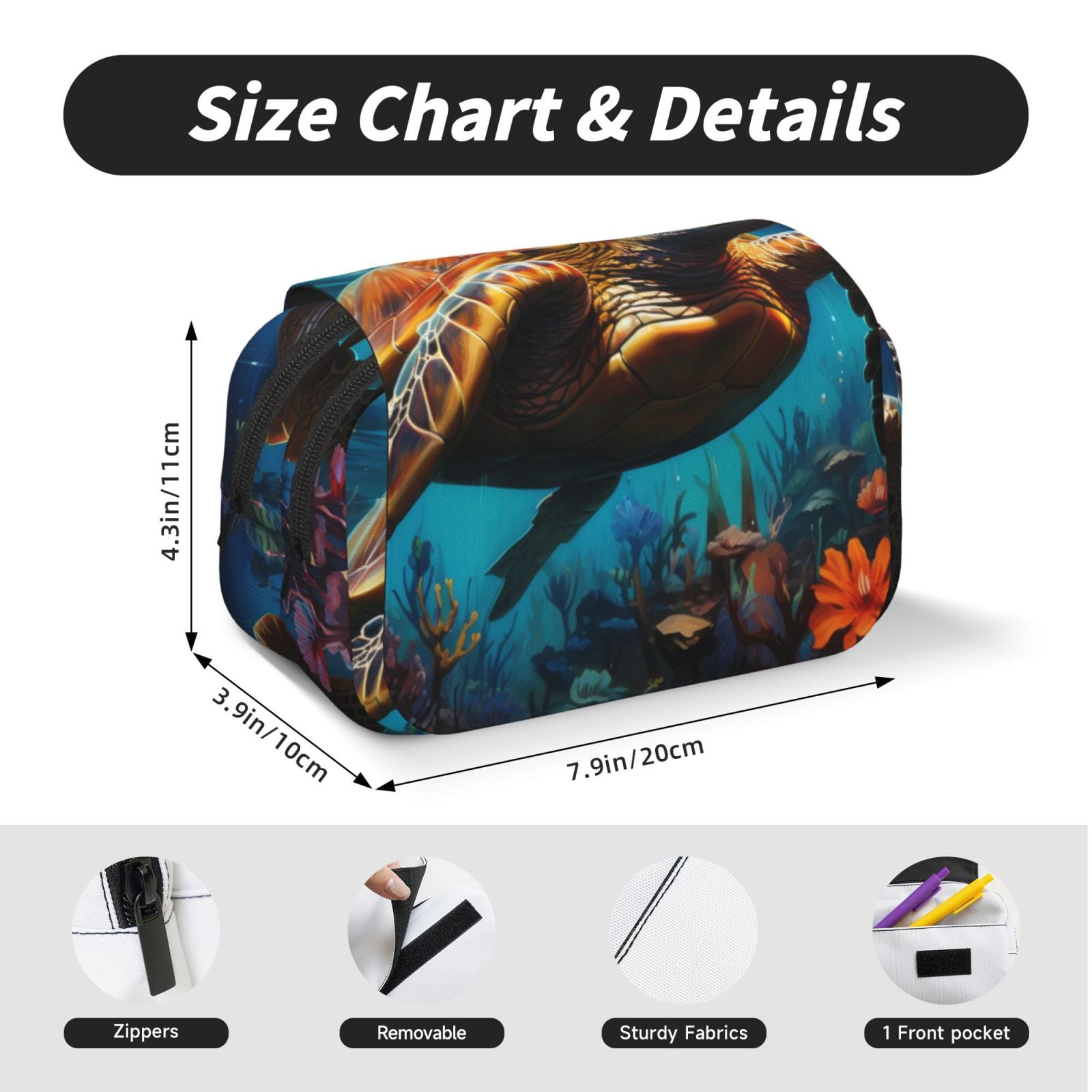 Rateoe Colorful Flower Sea Turtle Pattern Double Clamshell Pen Case, Storage Organizer with Two Zipper Compartments– Holds Up to 50 Pencils & Pens