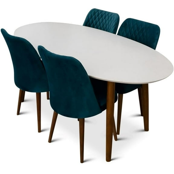 Reily 5-Piece Mid-Century Oval Dining Set w/ 4 Velvet Dining Chairs in Turquoise