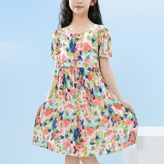 Delliss Girl's Casual Puff Sleeve Dress Summer Crew Neck Short Sleeve Fashion Print Sundress 5-16 Years