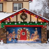7x16 ft Christmas Banner Cover, Garage Door Christmas Cover Winter Snow Scene Outdoor Large Garage Door Decors Xmas Candyland Village Backdrop for Wall House Holiday Party Decor
