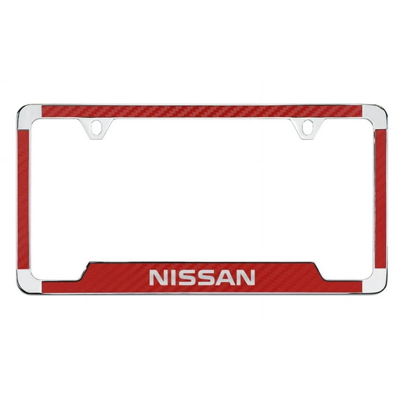 Nissan wordmark red carbon fiber inlay zinc metal license frame holder 2 hole
