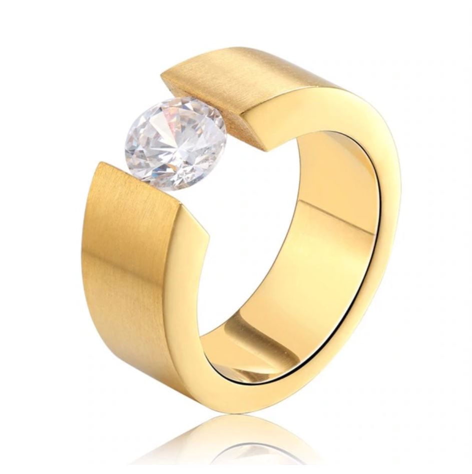 Unisex Stainless Steel 316L Gold Cubic Zirconia Grooved Wedding Ring & Band