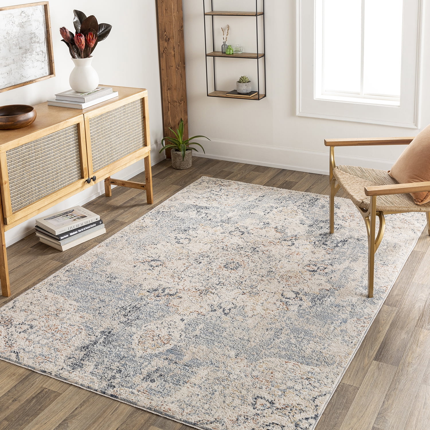 Mainstays Abstract with Fringe 5'2" x 7' Area Rug for Living Room Bedroom Ivory