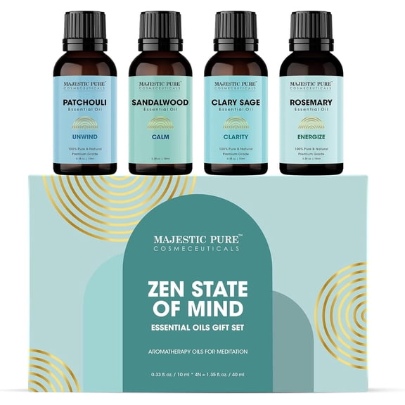 Majestic Pure, Rosemary, Sandalwood, Clary Sage and Patchouli Meditation Essential Oil Set | Perfect for Meditation, Yoga, Relaxation or Mindful Mornings | Pack of 4 x 0.3 Fl Oz