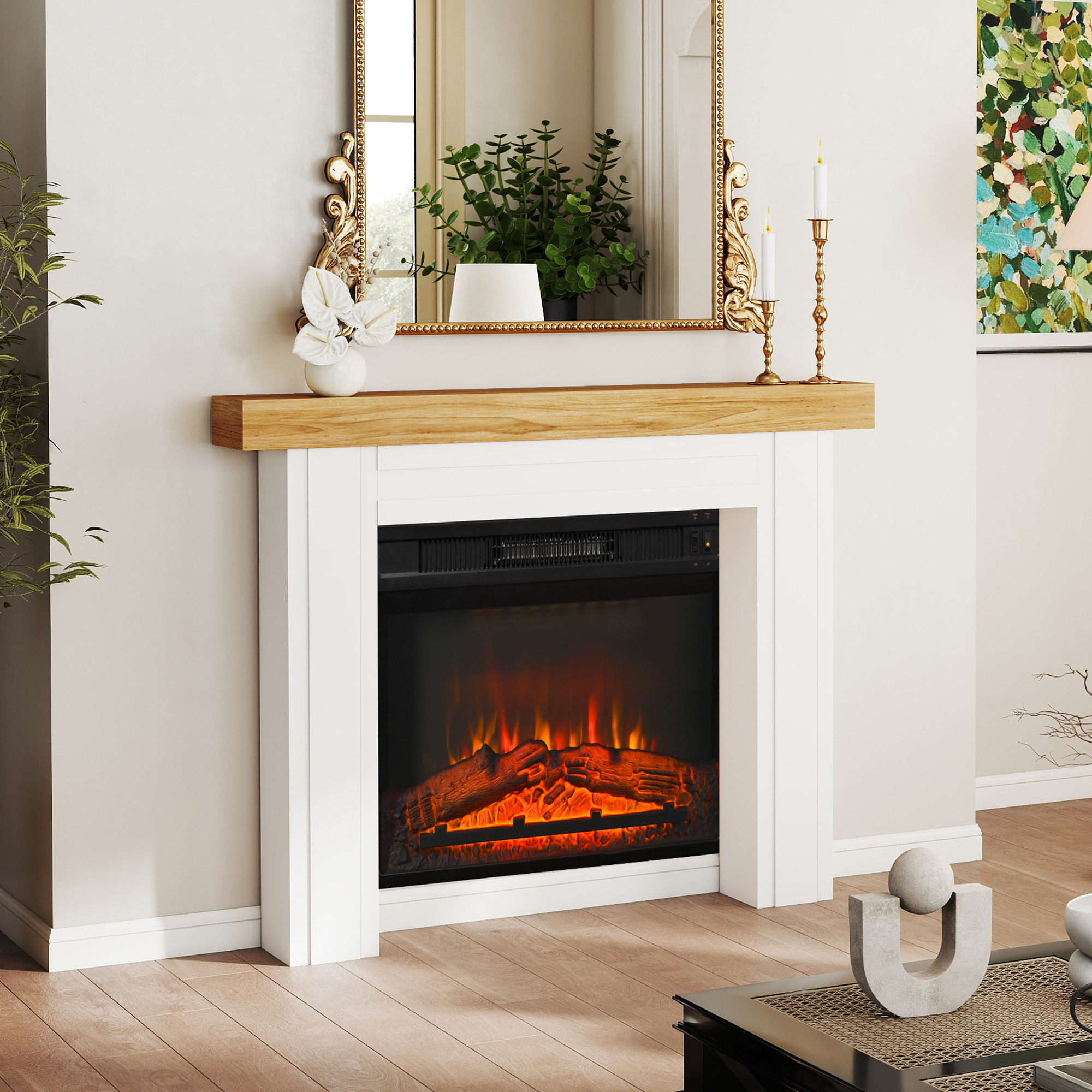 HOMCOM Modern Fireplace Mantel, Freestanding Fireplace Surround for Electric Fireplaces, with Leg, 51.2" W x 40.6" H, Natural Wood