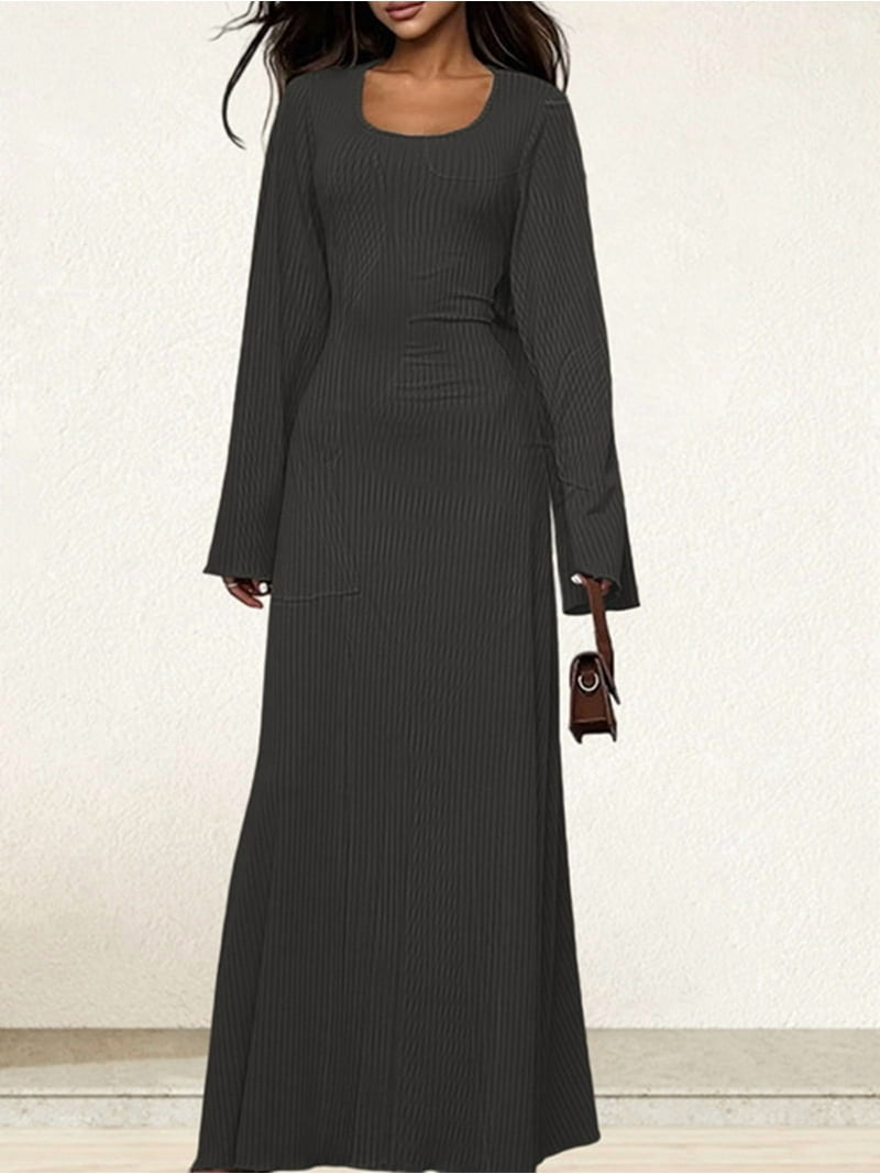 dark grey maxi dress Dark Grey Ribbed Round Neck Long Sleeve Maxi Dress main image 0