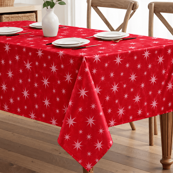 decorUhome Waterproof Christmas Tablecloth, 52 x 70 inch Decorative Rectangular Table Cover, Washable Table Cloth for Party, Red with White Star