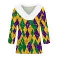 thumbnail image 4 of UPPADA Femmes T-Shirts à Manches 3/4 Mardi Gras Yall T-Shirts à Imprimé Floral Col Ras du Cou Blouse à devant Plissé Hauts d'Été Décontractés Chandail à Enfiler Haut Mode Fête Défilé Hauts Hauts pour Femmes Offres à Manches 3/4, 4 of 5
