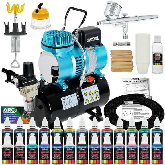 MASTER G22 Multi-purpose Airbrush Kit With Tank Compressor and 6' Air Hose Set, U.S. Art Supply Airbrush Paint, Airbrush Holder, Cleaning Pot, Quick-Connector, Mixing Sticks & Cups