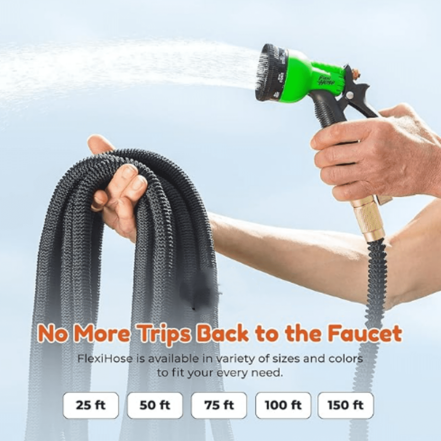 Flexi Hose with 8 Function Nozzle, 25FT - Lightweight Expandable Garden Hose, No-Kink Flexibility, 3/4 Inch Solid Brass Fittings and Double Latex Core