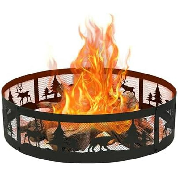 Red Mountain Valley 36 Inch Fire Pit Ring with 360° Forest & Wildlife Design, Portable Steel Wood Burning Firepit Ring for Outdoor Camping, Bonfires, Beach,Patio, fire Pit kit, Black