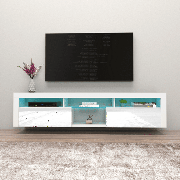 Bari 200 Floating TV Stand for TVs up to 90", Modern High Gloss 79" Entertainment Center, Wall Mounted TV Media Console with Storage Cabinets and LED Lights