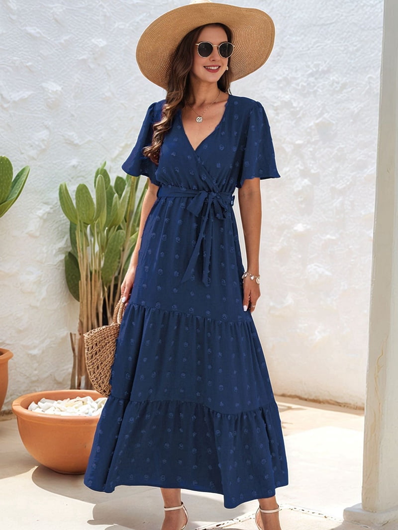 Boho Dot Summer Maxi Dresses for Women Wrap V Neck Short Sleeve Long Flowy Church Wedding Guest Dress Blue XXL