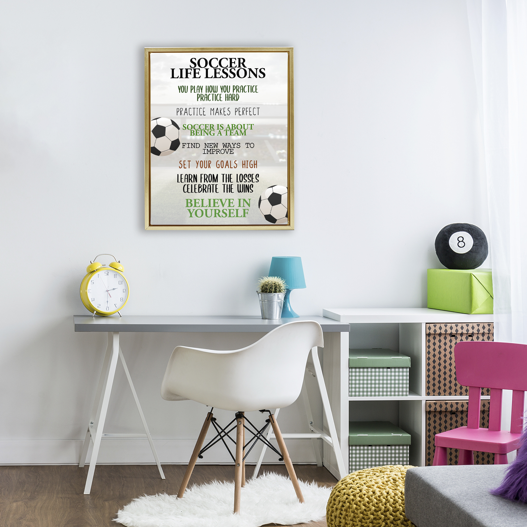 Soccer Life Lessons Gold Framed Floater Canvas Wall Art, design by Kim Allen