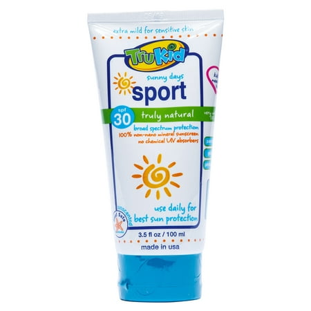 TruKid Sunny Days Sport Water Resistant Mineral Sunscreen SPF 30, Unscented 3.5 (Best All Day Sunscreen)