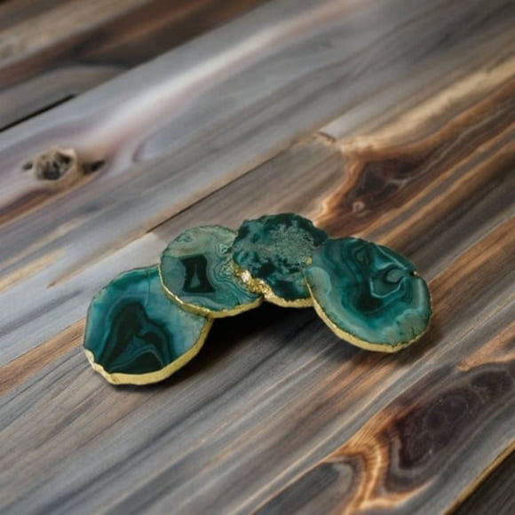 Rose Quartz Agate Coasters Set of 4 with Gold Resin Edge - Natural Stone Drinkware Tray Decor
