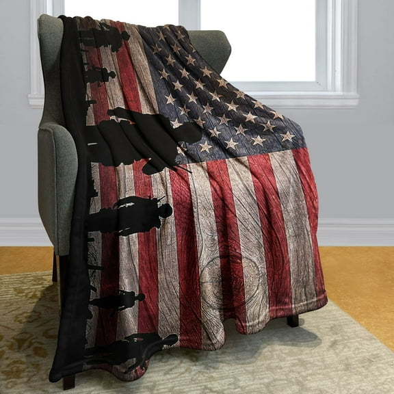 American Flag Blanket with Soldiers, Shaggy Stripes Throw Blanket for TV Travel Household (50x60 Inches)