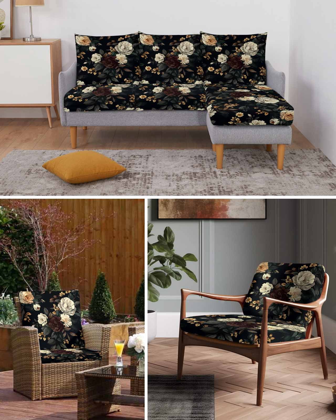 Vintage Black Floral Sofa Couch Cushion Covers Washable, Removable Stretchable Sectional Couch Covers, Spring Seasonal Botanical Blooms Slipcovers for L & T Shape Sofa Furniture Protector M Size 1 pc