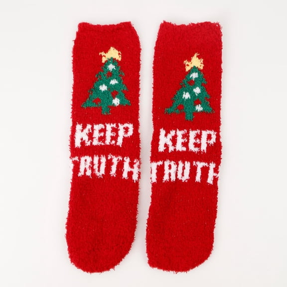 Voncos Fuzzy Christmas Socks for Women - Multicolor Christmas Tree Letter Print Cozy Polyester Socks, One Size Fits Most Festive Holiday Gift Socks