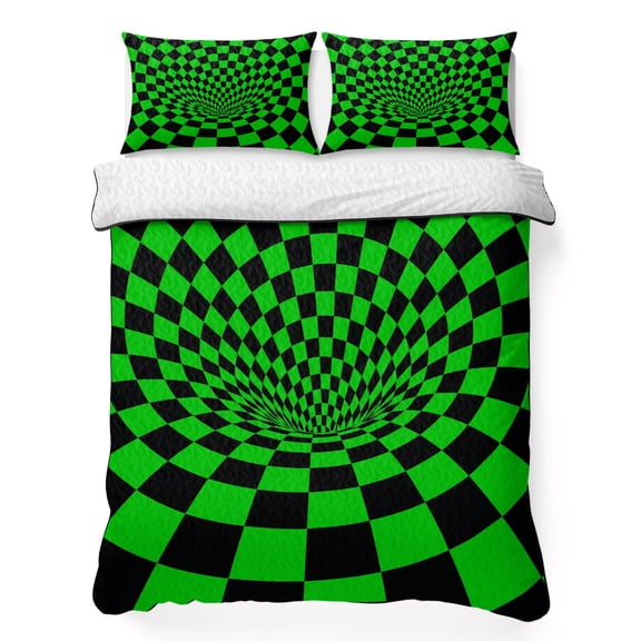 Quilts Queen Size Bedding Set, Green Black Checkered Lightweight Quilted Comforter, Modern Abstract Art Soft Reversible Bedspread Coverlet with Pillow Covers for All Season, 90" x 96"