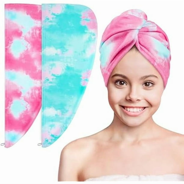 wonima11 Microfiber Hair Towel Wrap for Kids 2 Pack Rapid Drying Hair Towel with Button Hair Turbans for Wet Hair Wraps Head Towel Wrap for Women and Girls