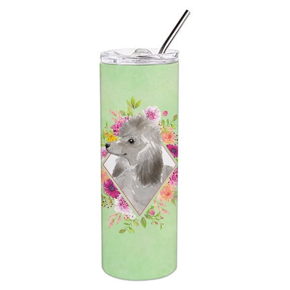 Carolines Treasures CK4393TBL20 Grey Standard Poodle Green Flowers Stainless Steel 20 oz Skinny Tumbler 20 oz multicolor