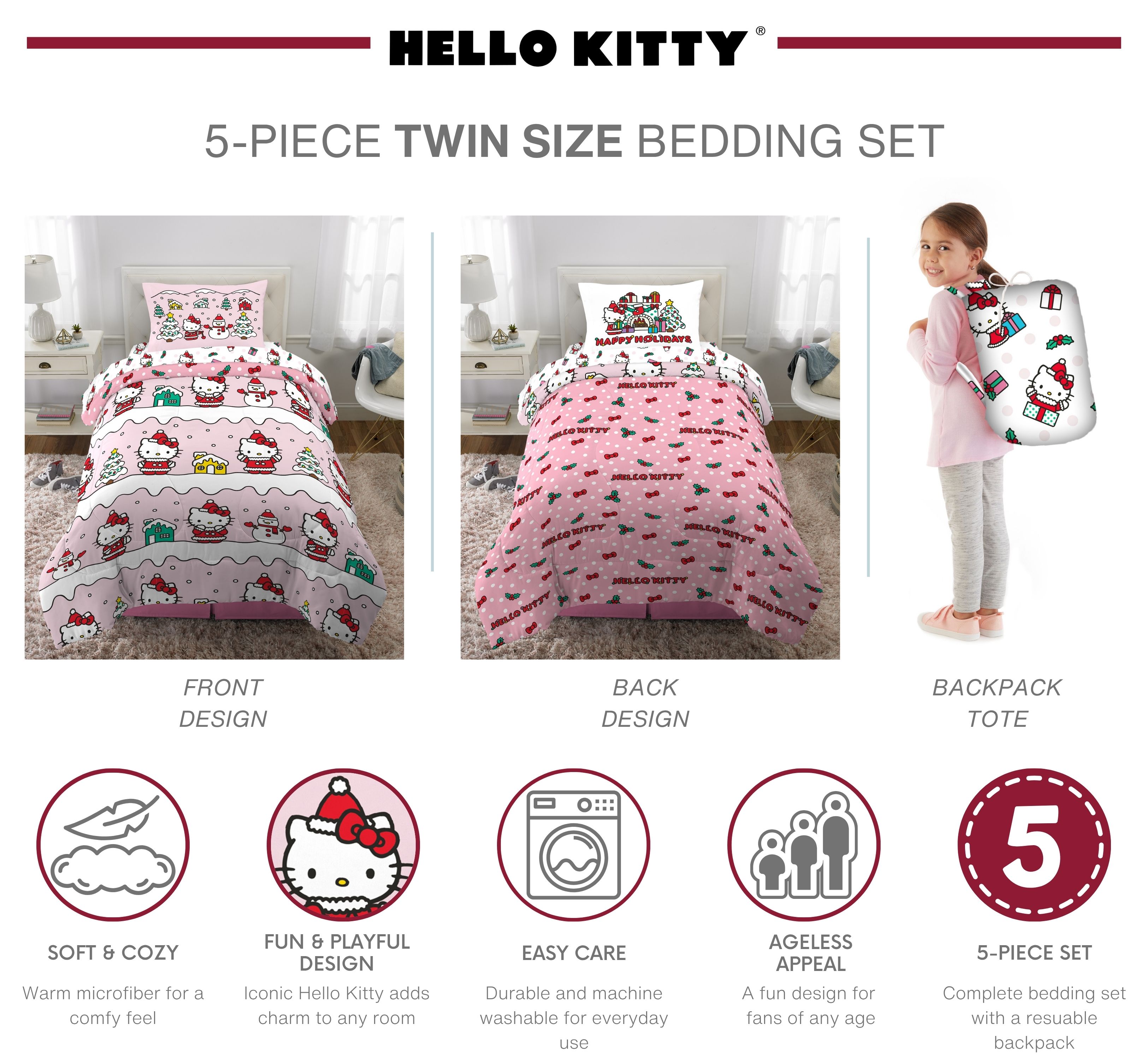 Hello Kitty Holiday Kids 5 Piece Reversible Comforter, Bed in a Bag, Twin