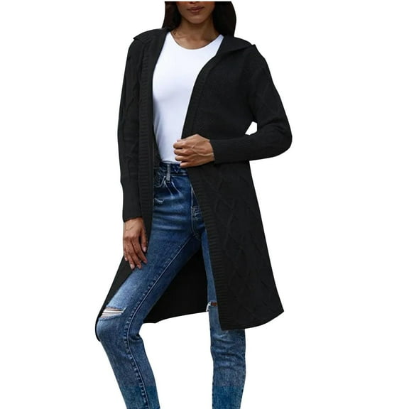 Womens Cardigan with Hoodie Long Sleeve Casual Lightweight Soft Knit Sweaters Coat Solid Color Knitted Outerwear (Black S)
