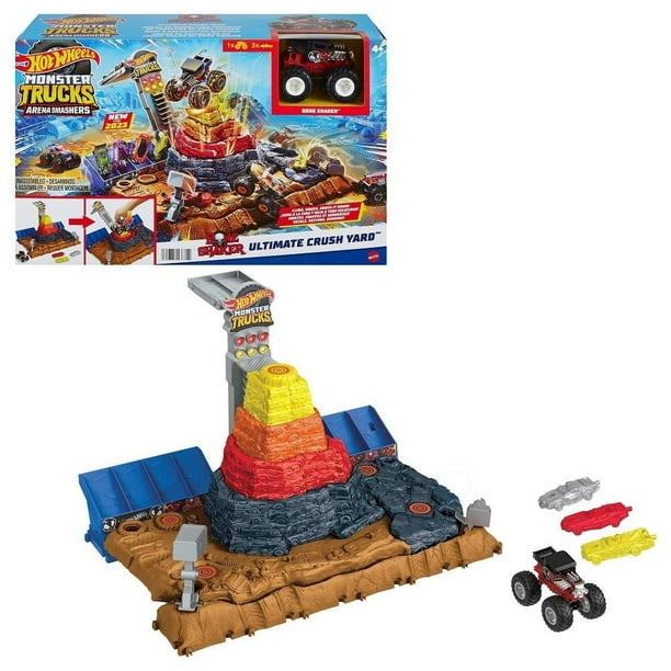 Pista de Juguete Hot Wheels Monster Trucks Arena de Demolición Depósito de Chatarra de Bone Shaker
