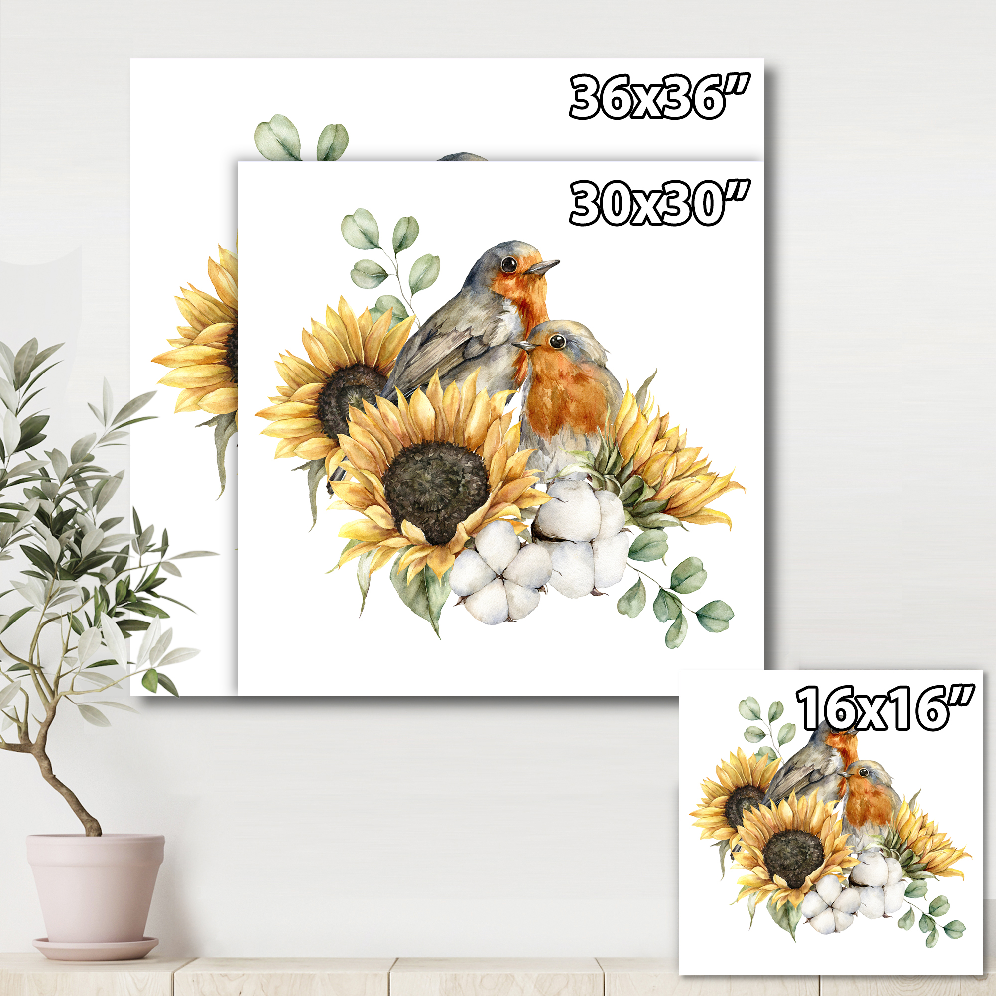 Designart ' Autumn Bouquet With Robin Redbreasts Sunflowers Cotton ' Traditional Canvas Wall Art Print