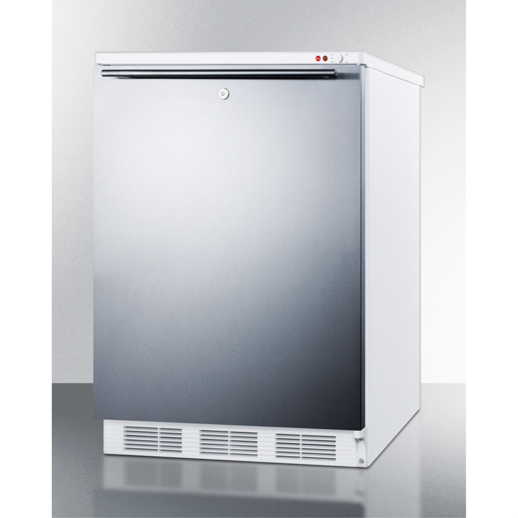 Freestanding medical all-freezer capable of -25 C operation, with lock, wrapped stainless steel door and horizontal handle