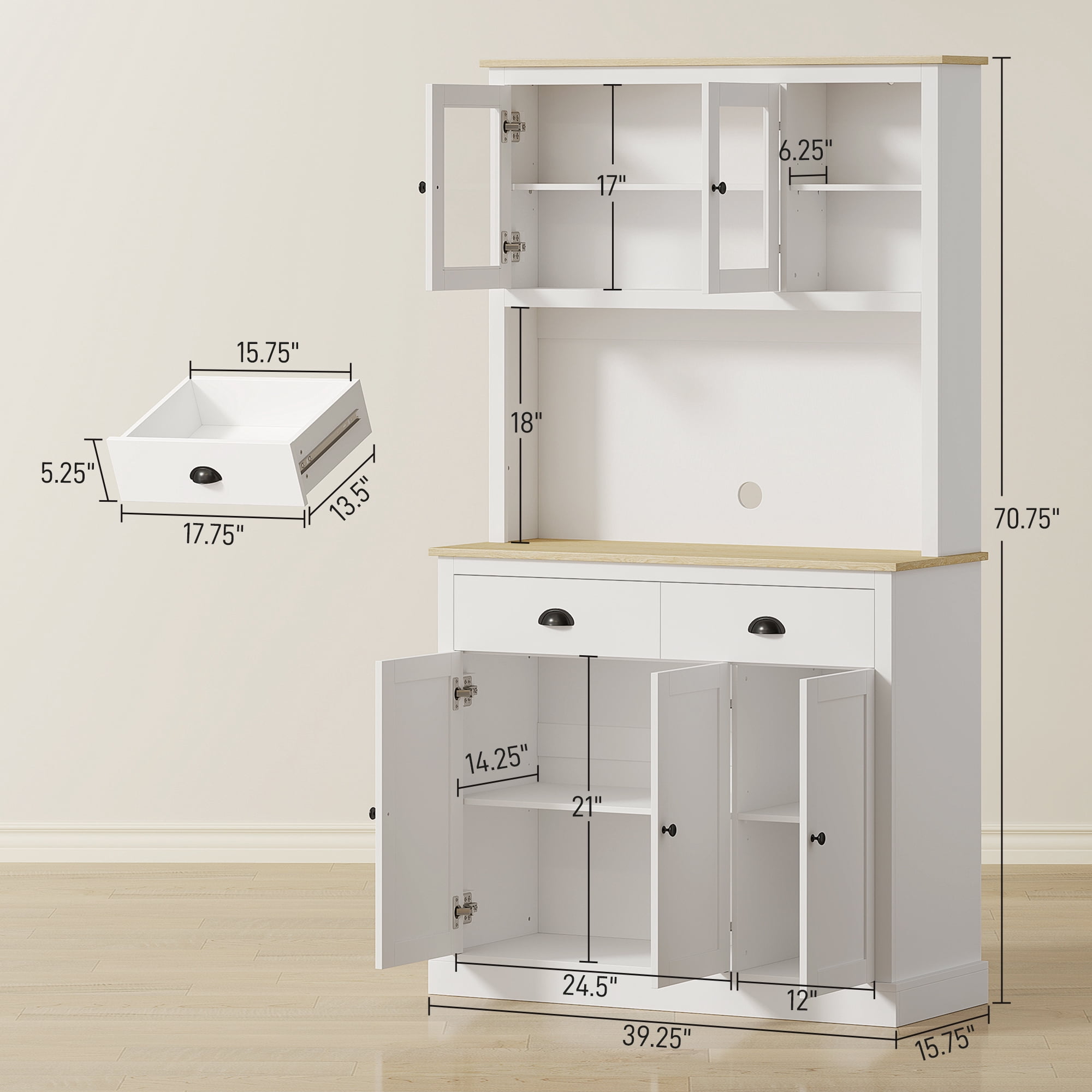 HOMCOM Freestanding Kitchen Cabinet with Wide Countertop, Tall Pantry Cabinet with Adjustable Shelves, Modern Hutch for Dining Room, White