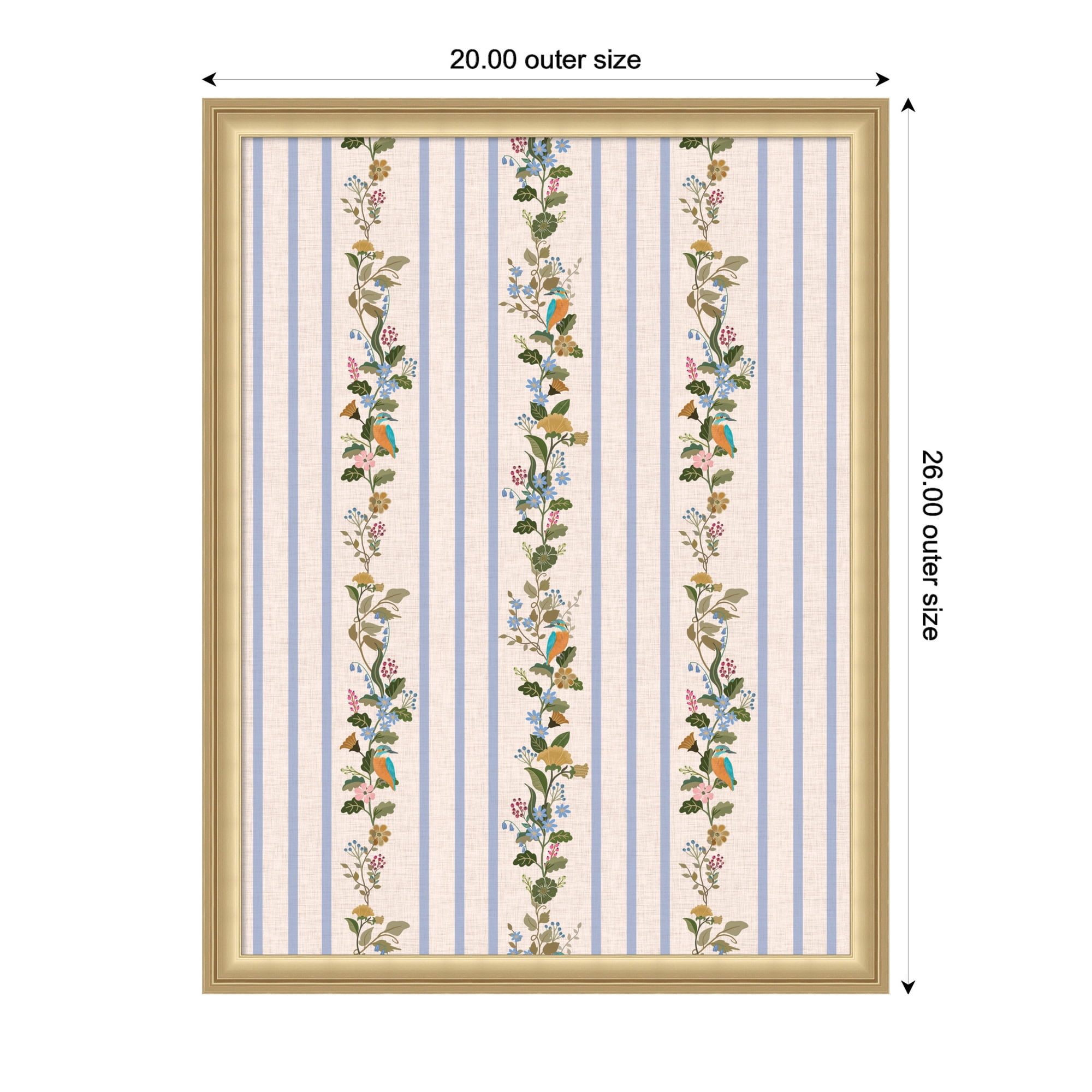 Kate and Laurel Framed Fabric Pinboard 20 x 26, MC Striped Botanical Birds Singing Printed Linen Casual Transitional Bulletin Board for Use as a Vision Board or Wall Organization, Florence Gold Frame