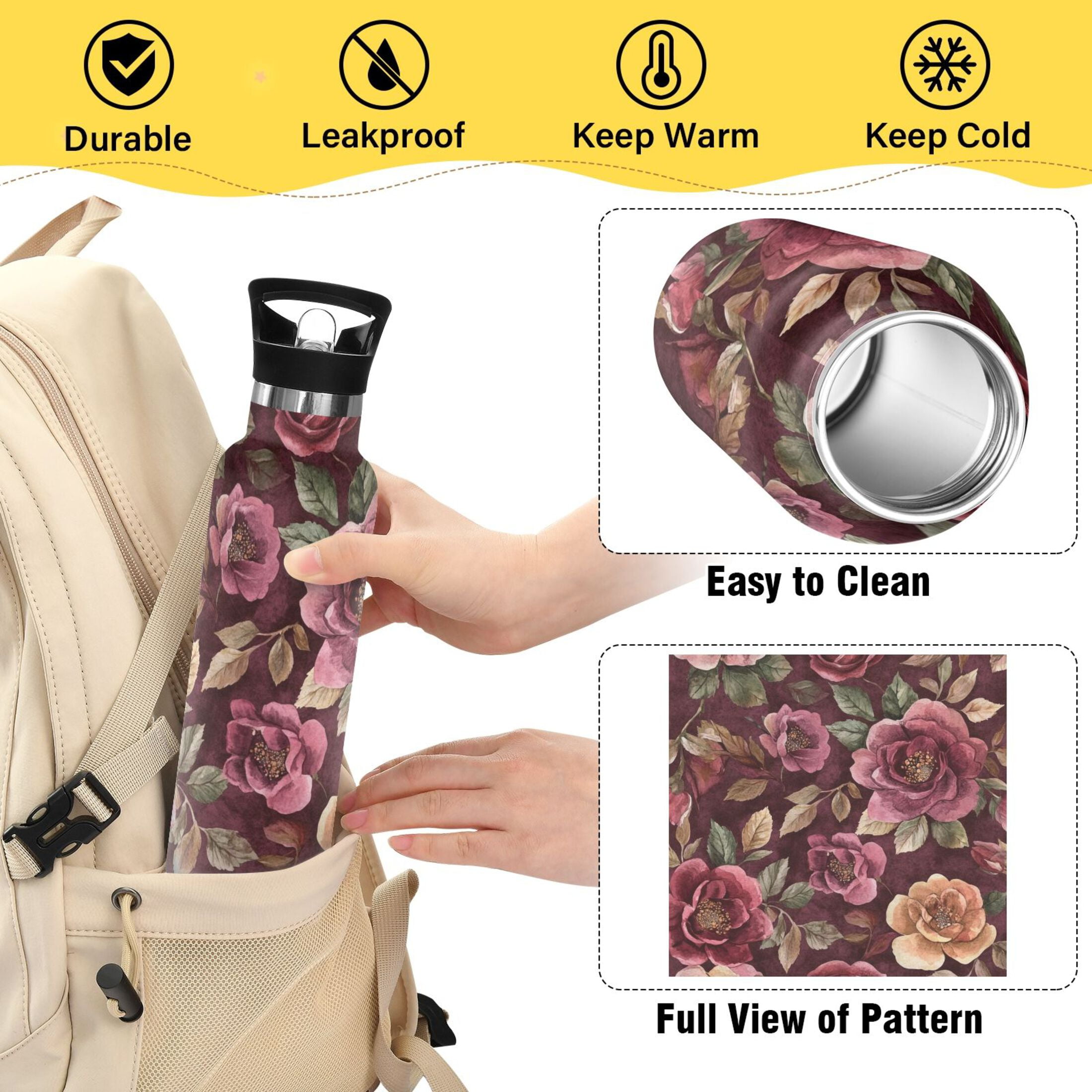 600ML Stainless Steel Insulated Cup Sports Water Bottle Portable Thermos Cup Water Glasses Insulated Tumblers Convenient and Durable Cartoon Maroon Roses Seamless