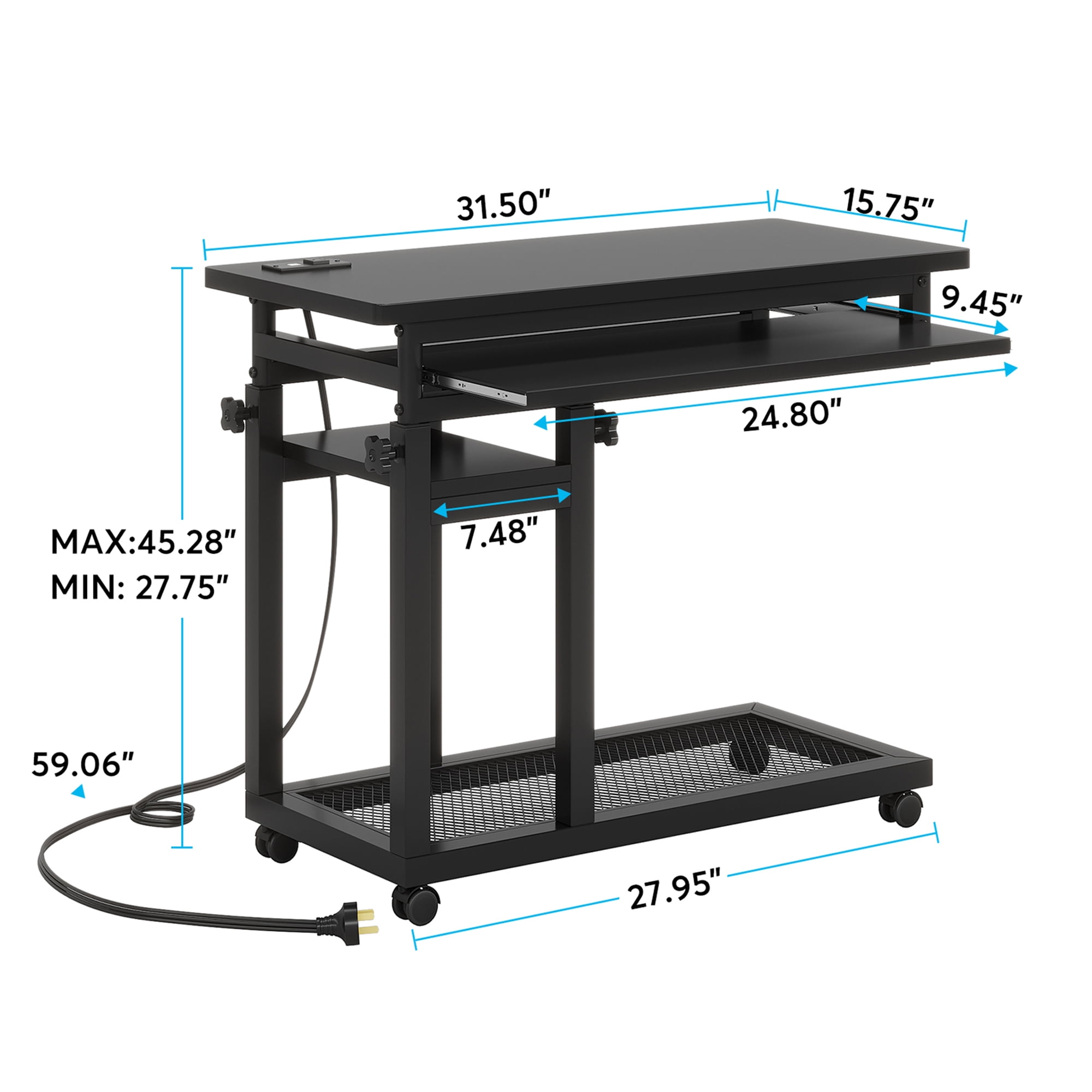 MAYEETY Height Adjustable Mobile C Table with Power Outlet & Keyboard Tray Sofa Side Table
