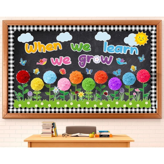 Spring Themed Flowers Bulletin Board Set Decorations for Classroom When We Learn We Grow Bulletin Board with 3D Paper Floral Cutouts for Flower Birthday Party School Classroom Wall Decor Favor